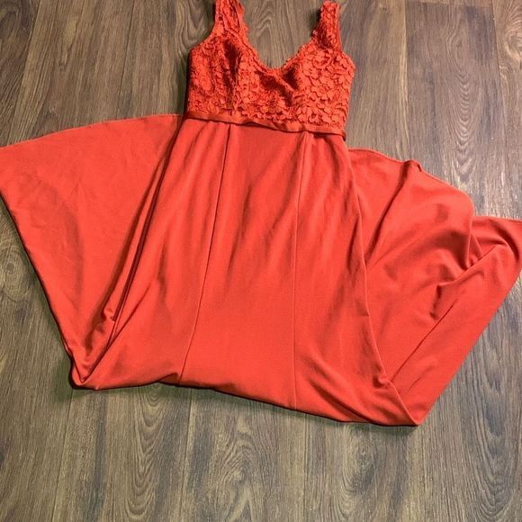 David’s bridal formal long dress burnt orange lace maxi dress. Fall dance - Picture 3 of 7